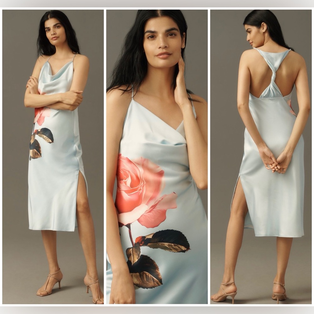 Maeve Pale Blue Satin Midi Dress with Coral Rose Print
